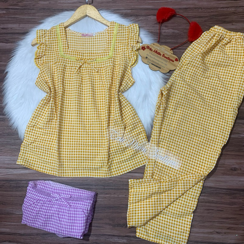 Bộ đồ mặc nhà quần dài 9 tấc lụa hàn hoạ tiết caro quần có 2 túi xéo phom dưới 40-75kg - B90