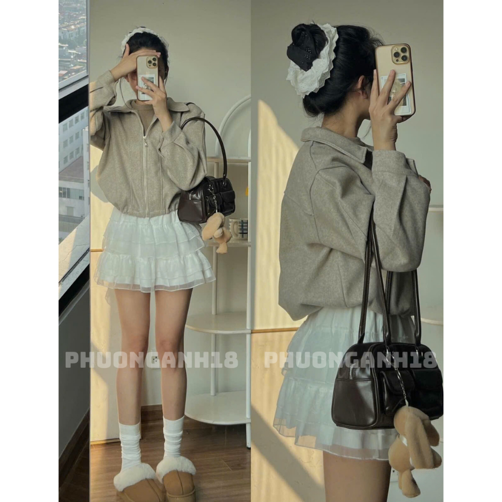 Áo khoác dạ HÀNG 2 LỚP dây rút cổ bẻ khoá zip Loại 1 6348