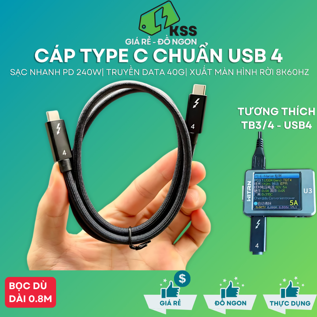 Cáp Sạc Nhanh Type C to C Xuất Màn Hình Rời 8K60HZ - Chuẩn USB 4 Truyền ...