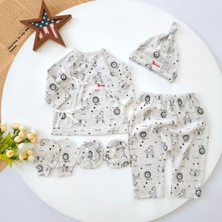 Bộ sơ sinh cột dây kèm mũ vớ Bunnybaby chất thun cottom mềm mịn cho bé 3-5kg