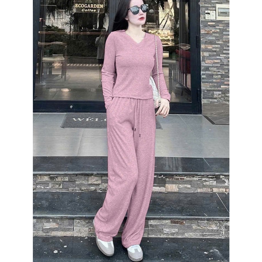 Bộ Thu Đông Nữ Dài Tay Cổ Tim, Chất Tăm Cotton Co Giãn 4 Chiều Của Hàn, Chất Mềm Mịn Đủ Size 44-85kg