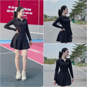 Bộ thể thao nữ, Bộ áo dài tay váy hai lớp chơi Tennis, Pickleball, Golf, cầu lông... Hàng SG cao cấp
