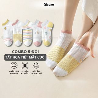 Combo 5 đôi tất nữ cổ thấp mẫu mặt cười GOMTAT, vớ nữ cổ ngắn chất cotton kháng khuẩn - CB102