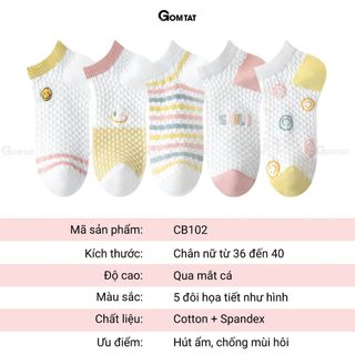 Combo 5 đôi tất nữ cổ thấp mẫu mặt cười GOMTAT, vớ nữ cổ ngắn chất cotton kháng khuẩn - CB102