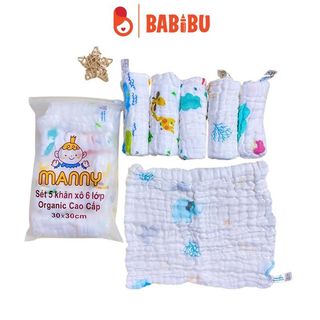 Set 5 khăn sữa xô 6 lớp Manny 30x30cm, khăn rửa mặt chất liệu cotton cho bé