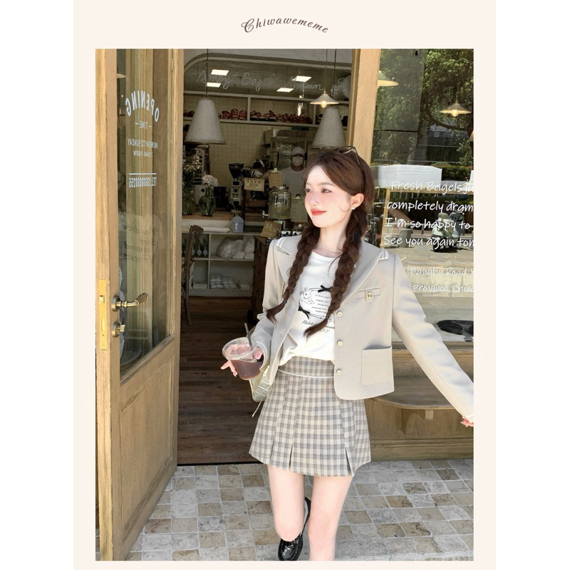 Áo Blazer crotop chất liệu chéo hàn có hai màu đen và trắng phong cách nữ sinh Hàn Quốc cá tính- [AB01]- MeMe