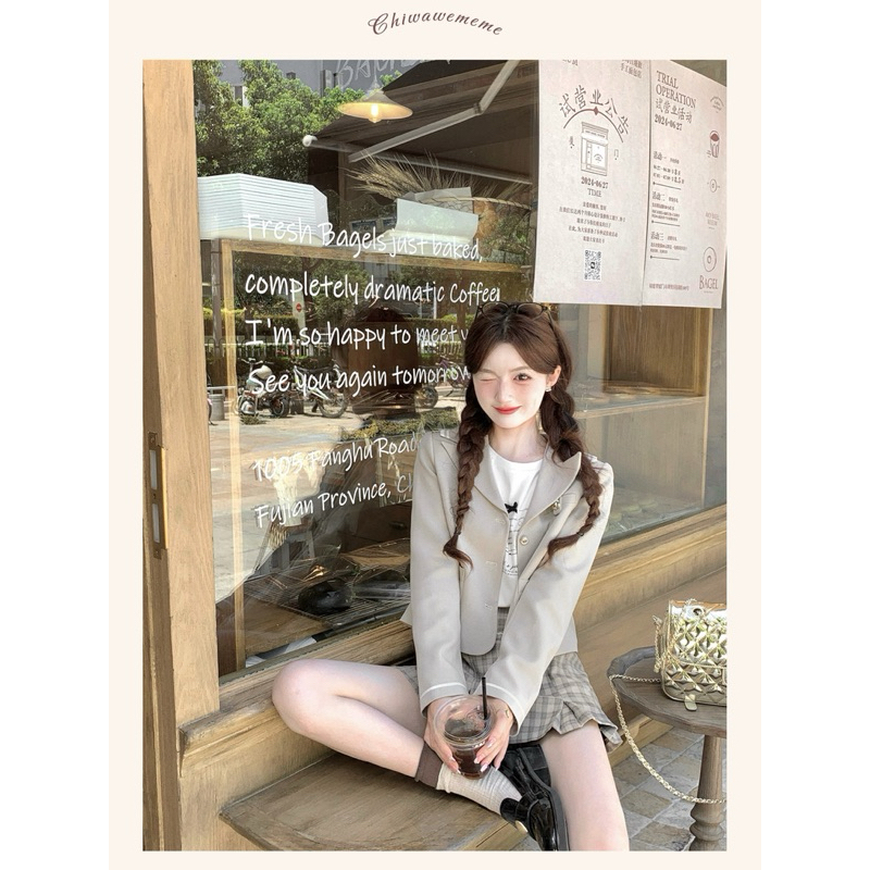 Áo Blazer crotop chất liệu chéo hàn có hai màu đen và trắng phong cách nữ sinh Hàn Quốc cá tính- [AB01]- MeMe