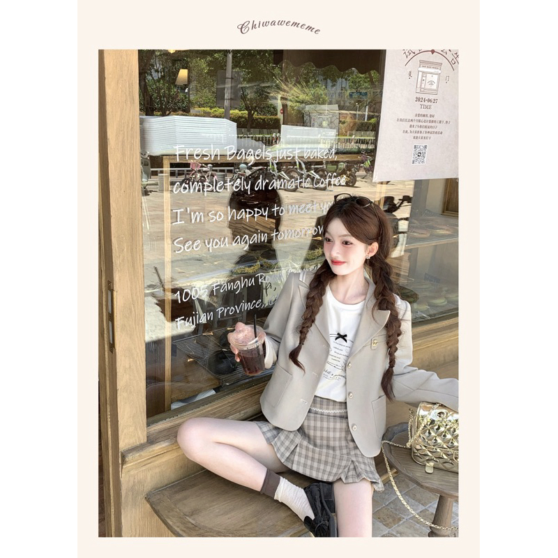 Áo Blazer crotop chất liệu chéo hàn có hai màu đen và trắng phong cách nữ sinh Hàn Quốc cá tính- [AB01]- MeMe