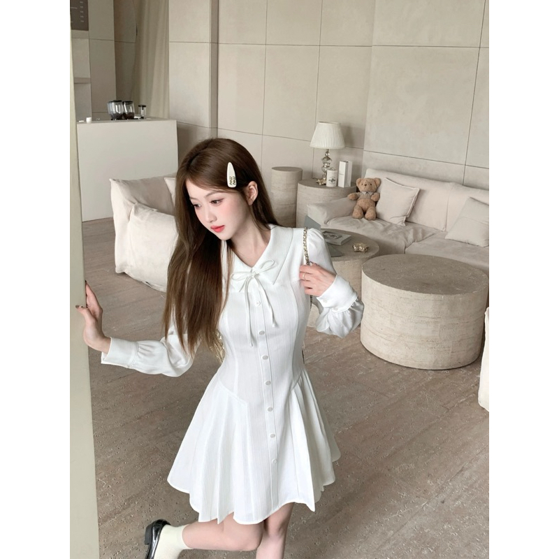 Váy nữ dài tay cổ sơ mi tùng váy xoè xếp ly xinh xắn cho nàng mặc đi học, đi chơi, dự tiệc - [TLV21] MeMe Boutique