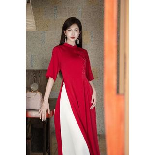 Áo dài cách tân tay cộc phối hoa ngực AD197
