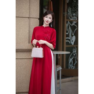Áo dài cách tân tay cộc phối hoa ngực AD197