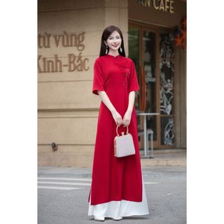 Áo dài cách tân tay cộc phối hoa ngực AD197