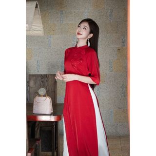 Áo dài cách tân tay cộc phối hoa ngực AD197