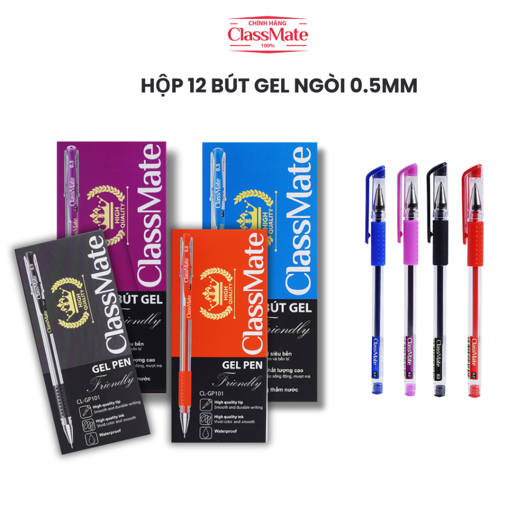 Hộp 12 Bút Mực CLASSMATE Ngòi 0.5mm, Bút Mực Gel Màu Xanh Đen Tím Đỏ ...