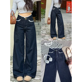 Quần Jeans Nữ Ống Rộng Lưng Cao Phối REN màu Xanh Than Hách Dáng Quần Bò Nữ Ống Rộng Basic Jeans Mềm Thoải mái