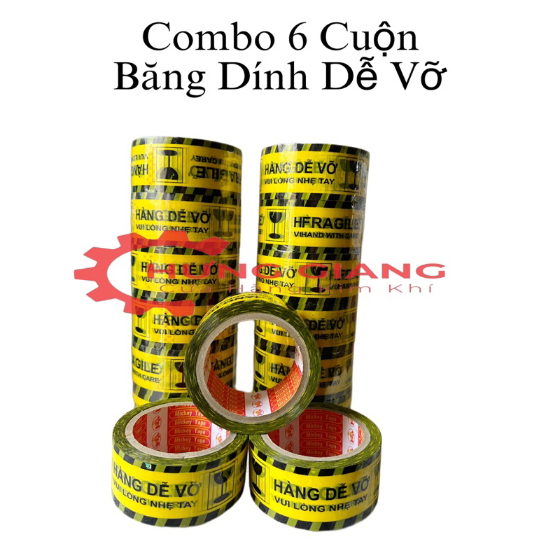 Combo 6cuộn băng dính dễ vỡ, in hình hàng dễ vỡ vui lòng nhẹ tay lõi siêu mỏng