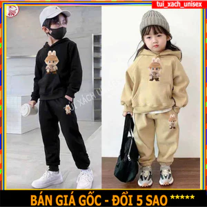 Bộ nỉ thu đông dài tay phối nón chất nỉ dày dặn cho bé gồm áo và quần dài in hình dễ thương SSL