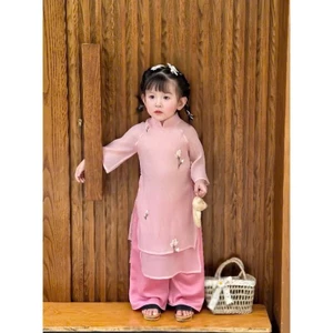 Áo dài cách tân cho bé gái màu hồng, màu đỏ thêu hoa size 10-40kg, Áo dài tết cho bé gái chất tơ mềm