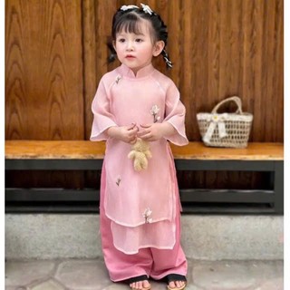 Áo dài cách tân cho bé gái màu hồng, màu đỏ thêu hoa size 10-40kg, Áo dài tết cho bé gái chất tơ mềm