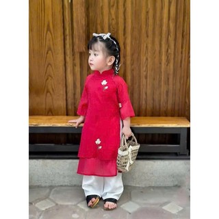 Áo dài cách tân cho bé gái màu hồng, màu đỏ thêu hoa size 10-40kg, Áo dài tết cho bé gái chất tơ mềm