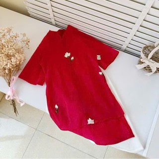 Áo dài cách tân cho bé gái màu hồng, màu đỏ thêu hoa size 10-40kg, Áo dài tết cho bé gái chất tơ mềm