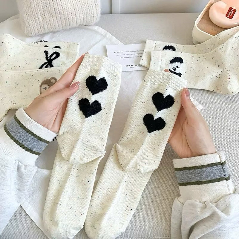 Sét 5 đôi tất cổ cao nữ màu muối tiêu gấu cherry phong cách hàn quốc