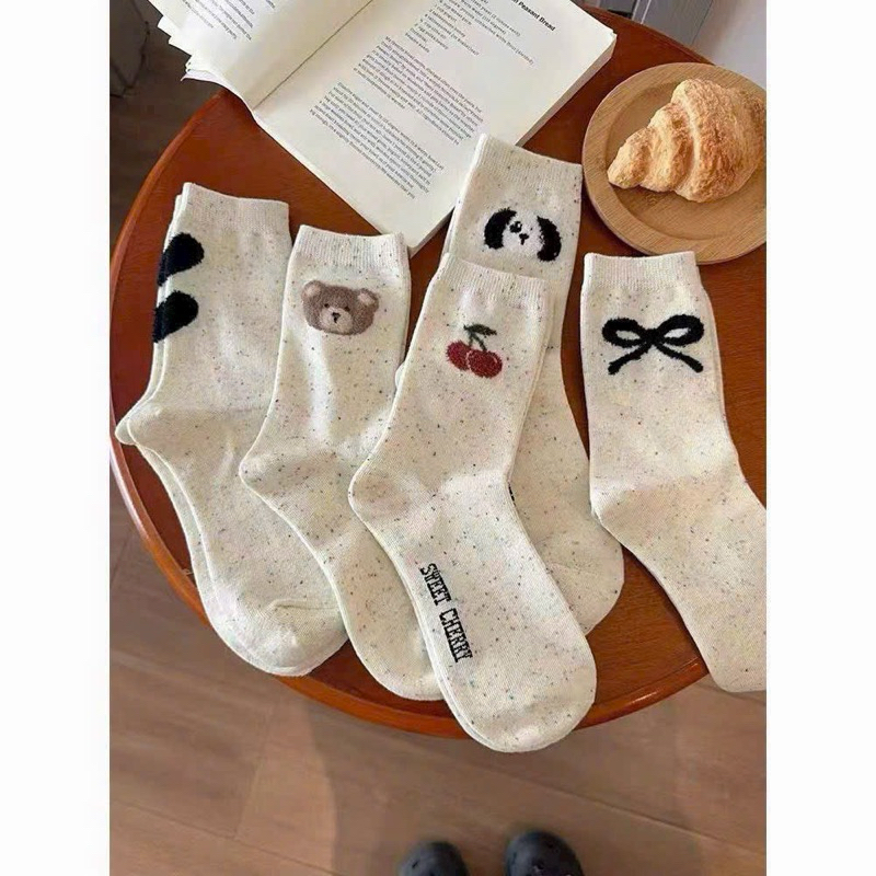 Sét 5 đôi tất cổ cao nữ màu muối tiêu gấu cherry phong cách hàn quốc