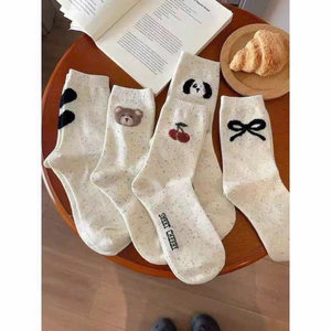 Sét 5 đôi tất cổ cao nữ màu muối tiêu gấu cherry phong cách hàn quốc
