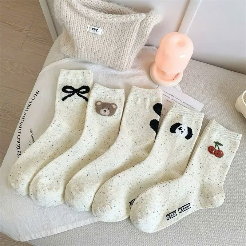 Sét 5 đôi tất cổ cao nữ màu muối tiêu gấu cherry phong cách hàn quốc