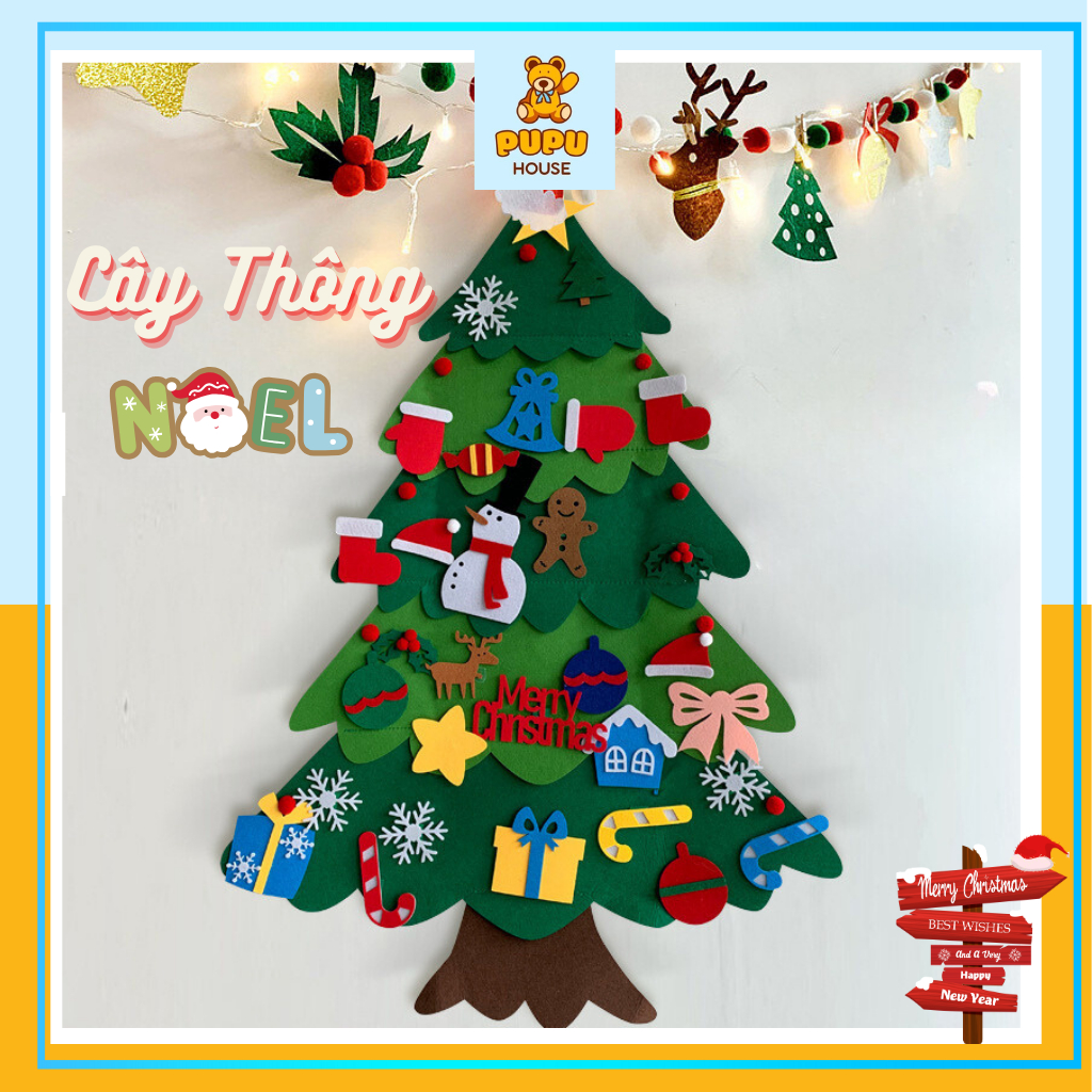 Cây Thông Noel Vải Nỉ Treo Tường Dán Kinh 32 36 Chi Tiết Cho Bé Tự Trang Trí Size To Tặng Đèn Led - PUPU HOUSE