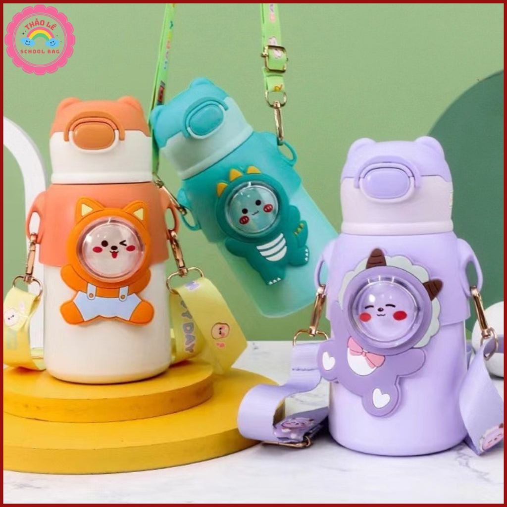 Bình giữ nhiệt cho bé đi học INOX 316 500ML bình nước trẻ em siêu dễ thương cute có dây đeo, có quà tặng kèm TL2331
