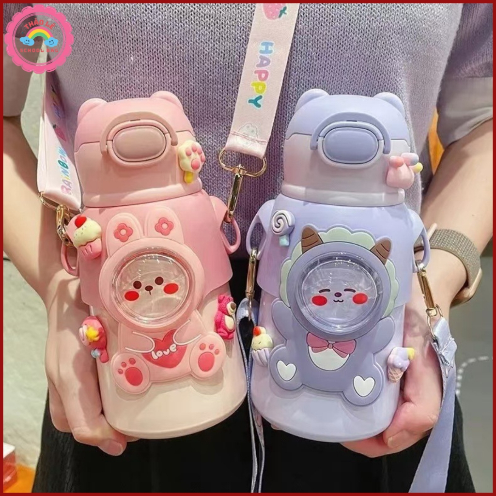 Bình giữ nhiệt cho bé đi học INOX 316 500ML bình nước trẻ em siêu dễ thương cute có dây đeo, có quà tặng kèm TL2331