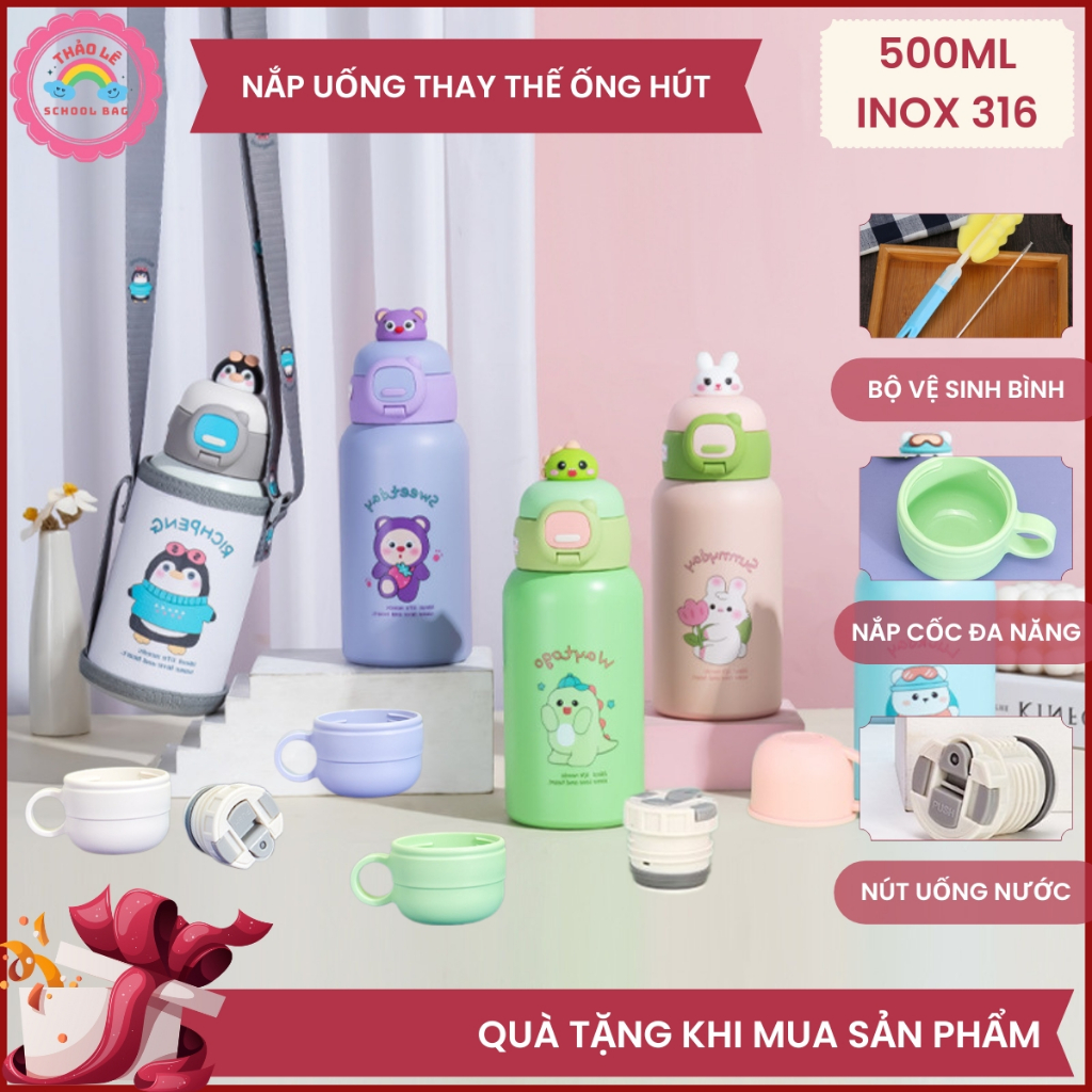 Bình giữ nhiệt cho bé có nút uống thay thế ống hút INOX 316 500ML trẻ em đi học có dây đeo tặng bộ vệ sinh bình TL2332