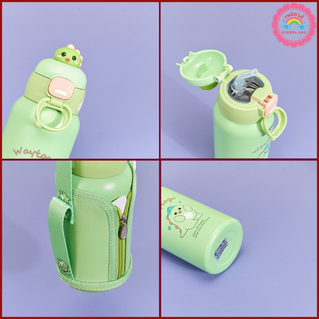Bình giữ nhiệt cho bé có nút uống thay thế ống hút INOX 316 500ML trẻ em đi học có dây đeo tặng bộ vệ sinh bình TL2332