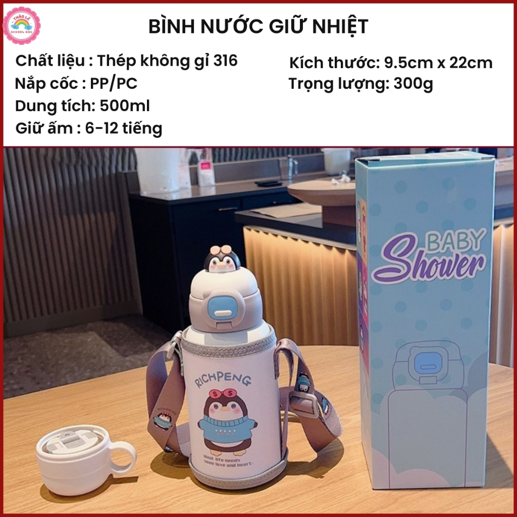 Bình giữ nhiệt cho bé có nút uống thay thế ống hút INOX 316 500ML trẻ em đi học có dây đeo tặng bộ vệ sinh bình TL2332