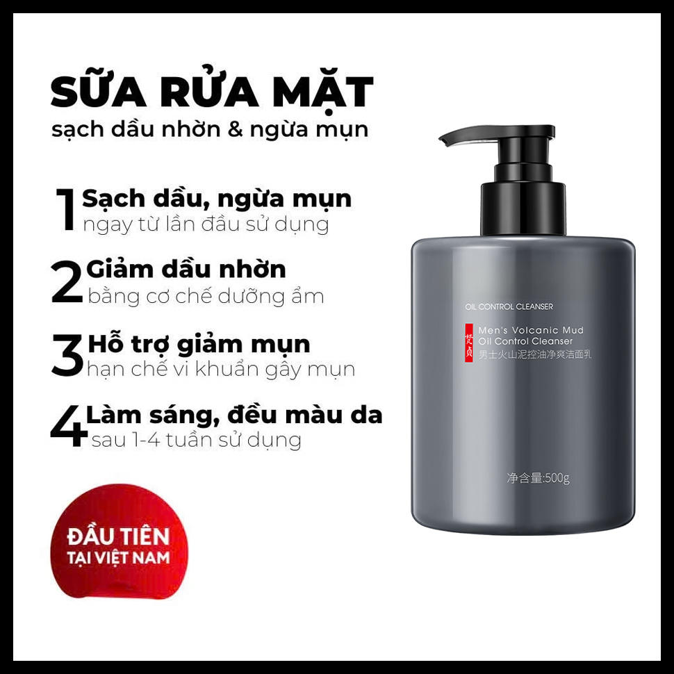 Sữa Rửa Mặt Nam Than Hoạt Tính Núi Lửa 500g Có Bơm - Kiềm Dầu Cực Đỉnh, Mát Lạnh Sảng Khoái (Dung Tích Lớn)