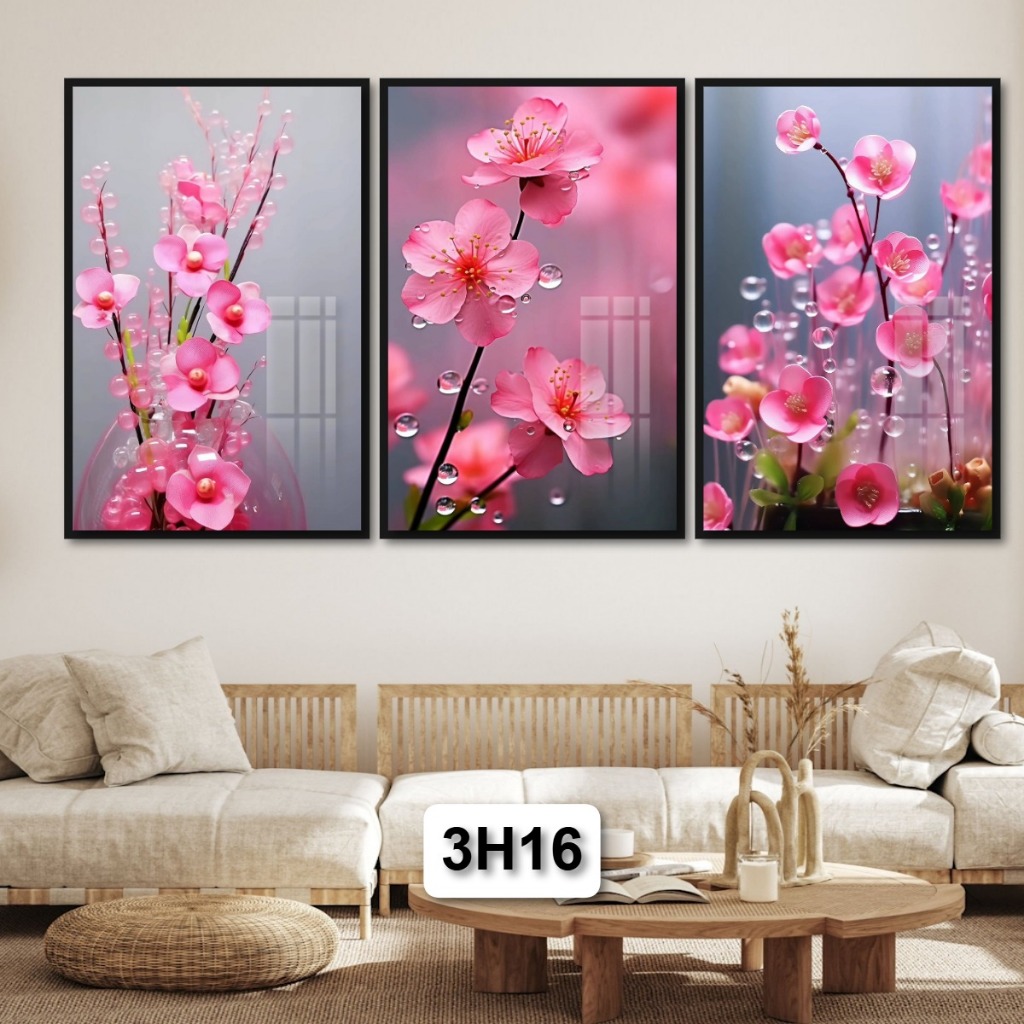 Nâng Tầm Không Gian Sống: Bộ 3 Tấm Tranh Hoa Tranh Gỗ Tráng Gương Có Khung Sang Trọng Đẳng Cấp Decor Nhà