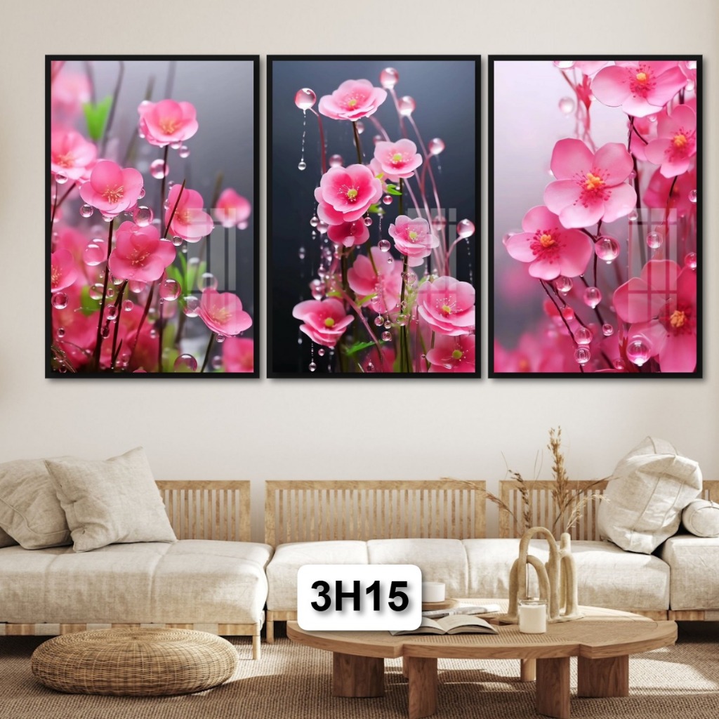 Nâng Tầm Không Gian Sống: Bộ 3 Tấm Tranh Hoa Tranh Gỗ Tráng Gương Có Khung Sang Trọng Đẳng Cấp Decor Nhà