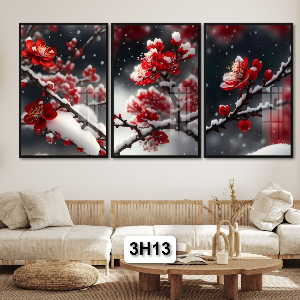 Nâng Tầm Không Gian Sống: Bộ 3 Tấm Tranh Hoa Tranh Gỗ Tráng Gương Có Khung Sang Trọng Đẳng Cấp Decor Nhà