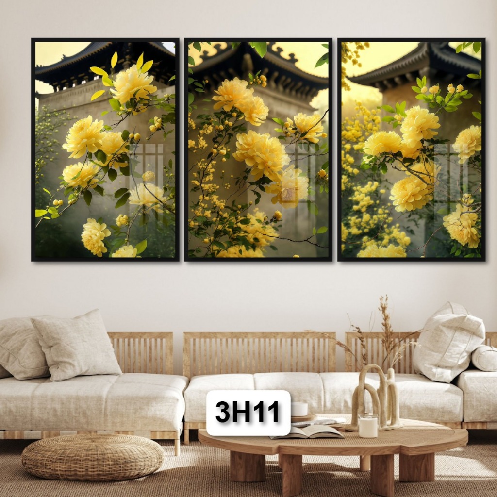Nâng Tầm Không Gian Sống: Bộ 3 Tấm Tranh Hoa Tranh Gỗ Tráng Gương Có Khung Sang Trọng Đẳng Cấp Decor Nhà
