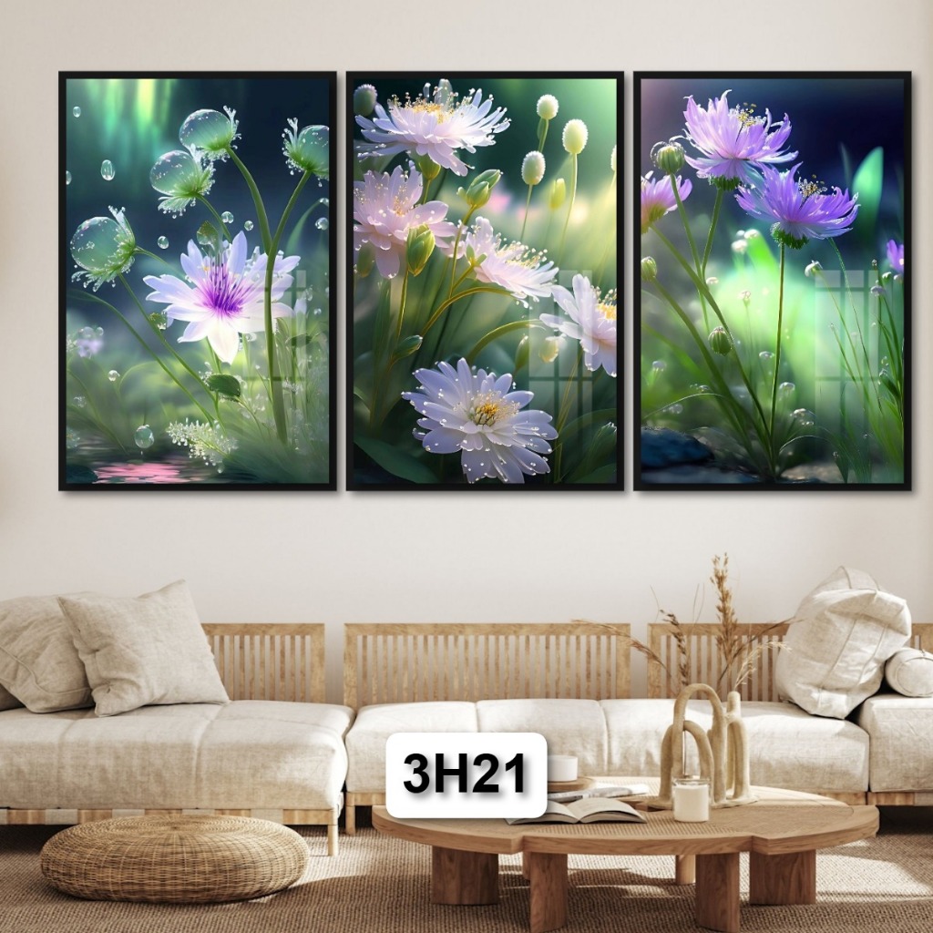 Mang Đến Sắc Hoa Tươi Mát: Bộ 3 Tranh Gỗ Các Loại Hoa Tráng Gương Có Khung Cao Cấp Decor Nhà Không Gian Làm Việc