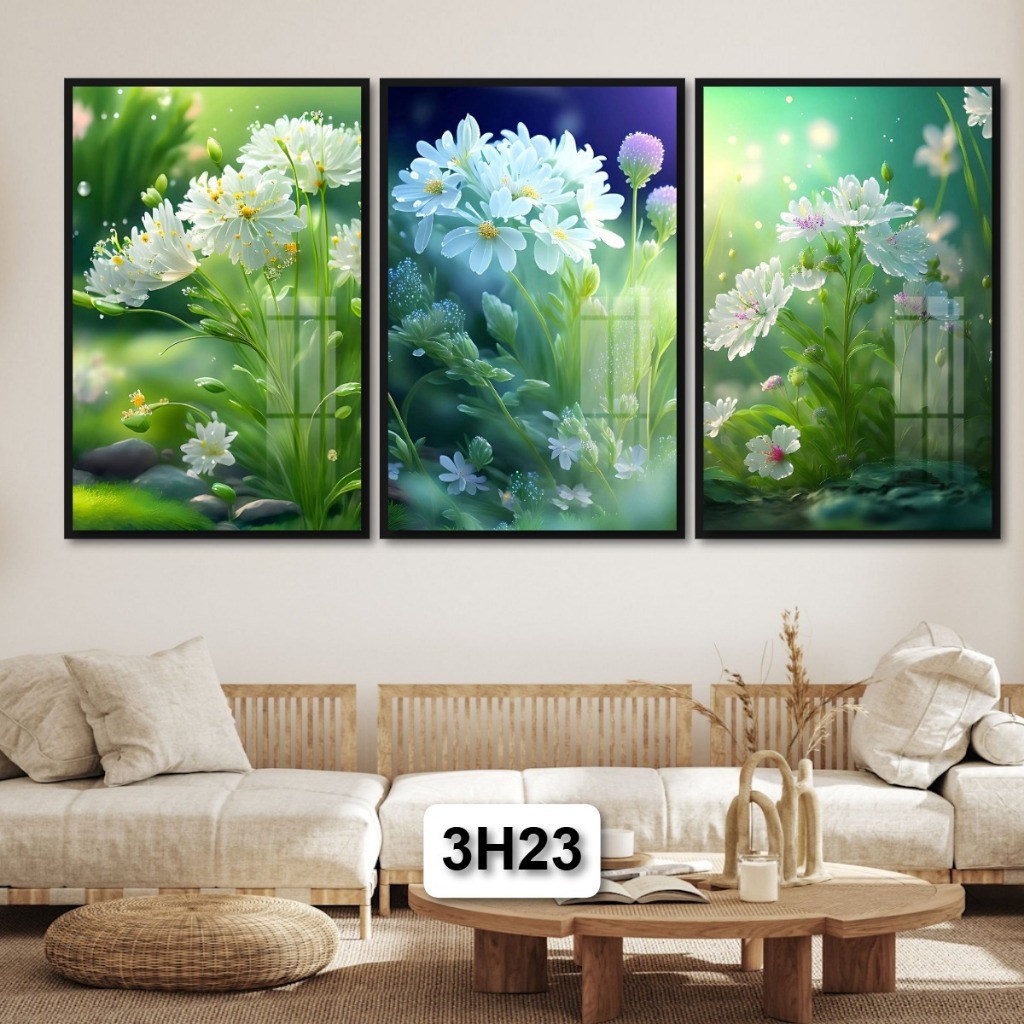Mang Đến Sắc Hoa Tươi Mát: Bộ 3 Tranh Gỗ Các Loại Hoa Tráng Gương Có Khung Cao Cấp Decor Nhà Không Gian Làm Việc