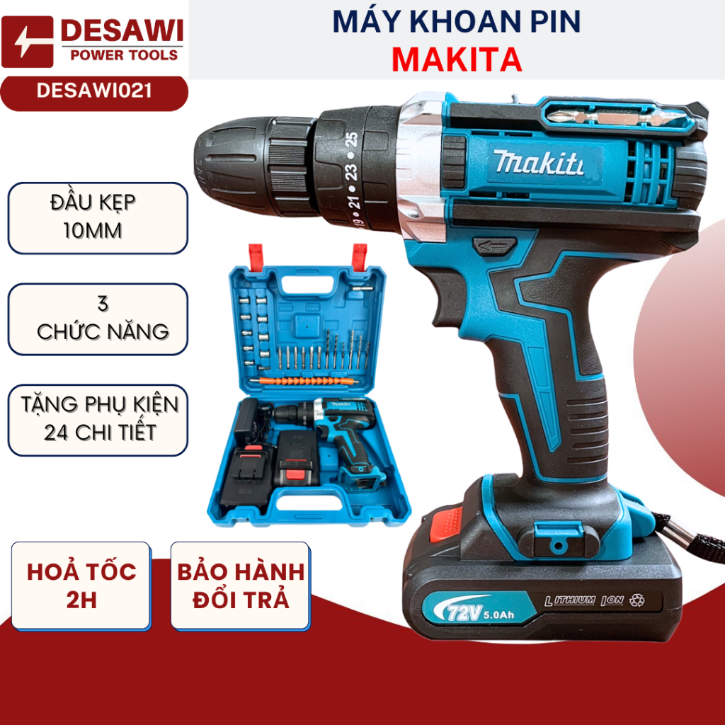 HÀNG RẺ Máy Khoan Bắn Vít DESAWI/ MAKITA 72v 3 Chức Năng Có Búa Lõi Đồng 100% Kèm Phụ Kiện 24 Món DESAWI021