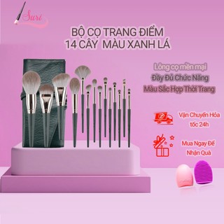 Bộ Cọ Trang Điểm Cá Nhân SURI 14 Cây Màu Xanh Lá, Kèm Theo Túi Da Đựng hoặc ống đựng cọ Sang Trọng