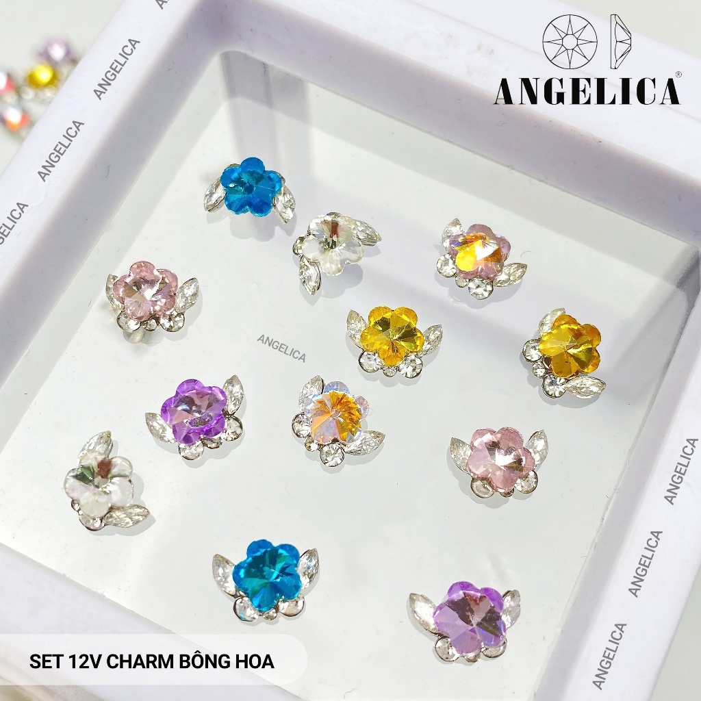 Set 12 Viên Đá Charm Hình Bông Hoa Nhiều Màu Siêu Xinh ANGELICA - Trang Trí Móng Tay 12v-BH