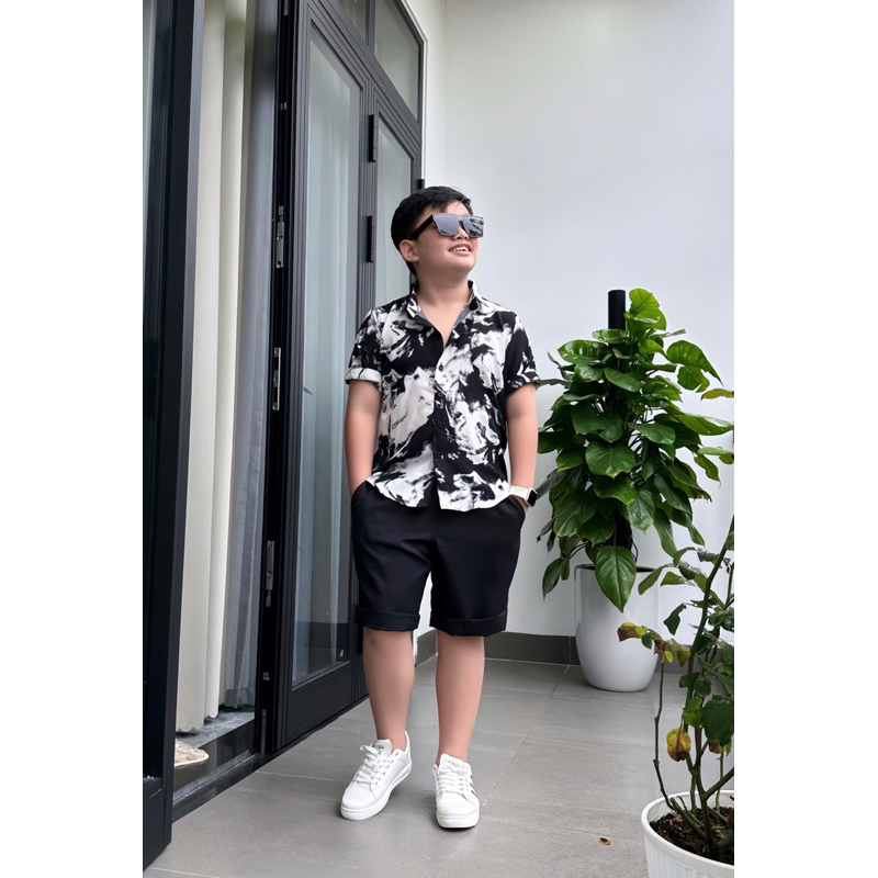 set sơmi hoạ tiết thiết kế cho bé trai 10kg-52kg TONI BRAND phối loang đen trắng