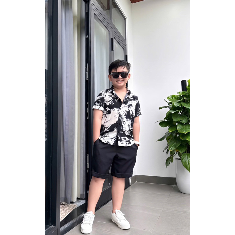 set sơmi hoạ tiết thiết kế cho bé trai 10kg-52kg TONI BRAND phối loang đen trắng