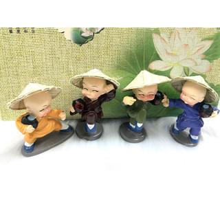 Bộ 4 tượng chú tiểu múa tuý quyền đội nón lá Việt Nam (Hàng Độc Quyền)