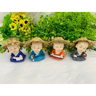 Bộ 4 tượng chú tiểu Cầm Kỳ Thi Hoạ Nón Rơm( Hình Thật - Video thật )