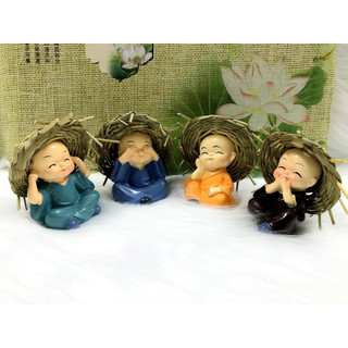Bộ 4 Tượng Chú Tiểu Tứ Không Đội Nón Rơm